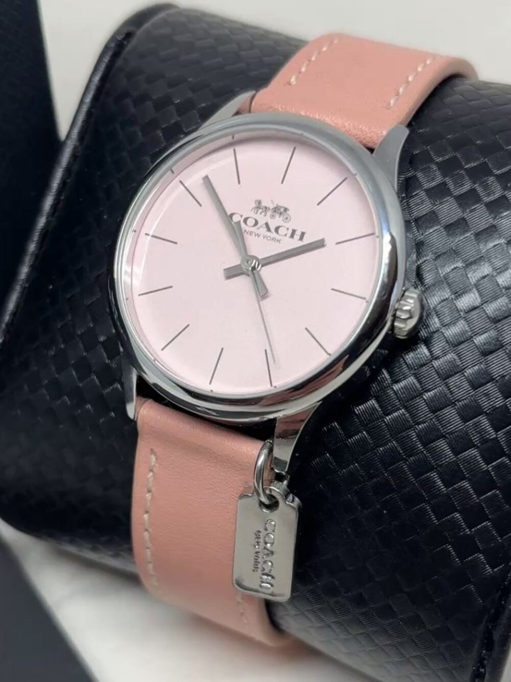 Coach Pink Blush Dial Leather Strap Watch Silver Tone Movado Quartz Charm Tag